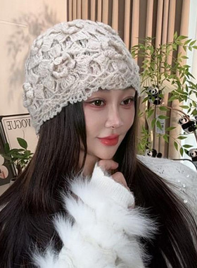 秋冬新款手工钩织法式花朵针织帽韩版包头帽毛线帽保暖帽子显脸小