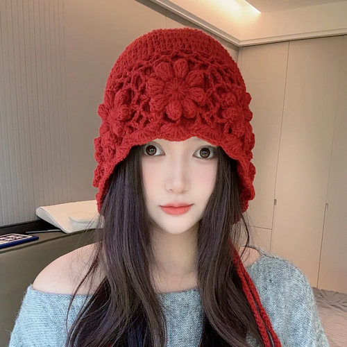花朵纯手工编织双层辫子毛线帽