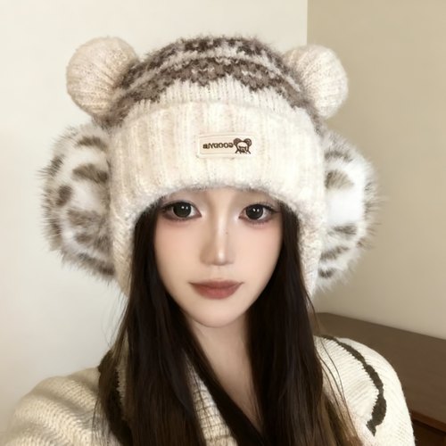 冬季加绒加厚护耳可爱甜美针织雷锋帽女骑行耳朵时尚保暖毛线帽子