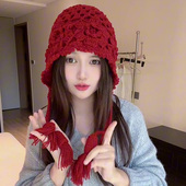 2024新款 秋冬流苏钩花双层包头帽子女麦穗针织帽文艺时尚 潮流帽子
