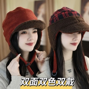 冬季双面戴百搭时尚飞行帽女骑行护耳保暖加厚雷锋帽韩版鸭舌帽子