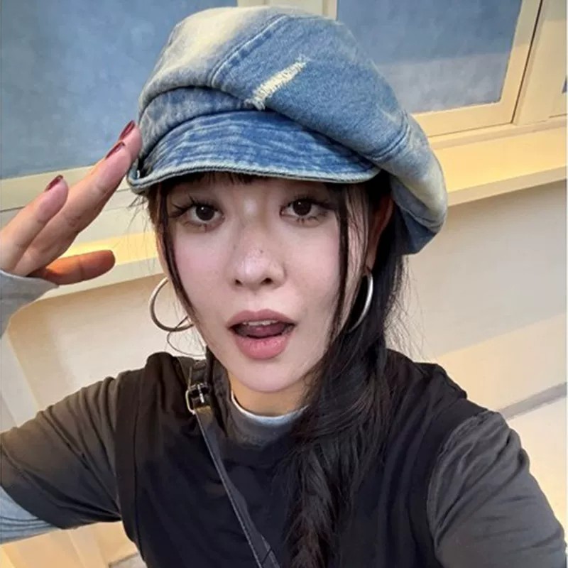 女大头围一帽多戴牛仔贝雷帽