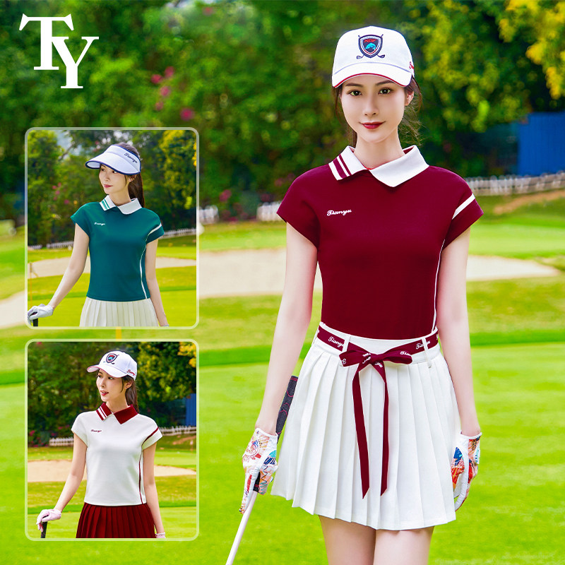 2026新款高尔夫球服 女士时尚翻领短袖 复古运动T恤上衣