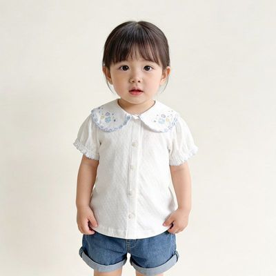 新品80-130纯棉短袖网眼镂空娃娃领开衫衬衫衬衣纽扣女童夏季兔子