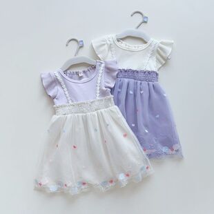 新品日单尾货110-130女孩夏季飞袖网纱连衣裙精美刺绣打揽收腰甜