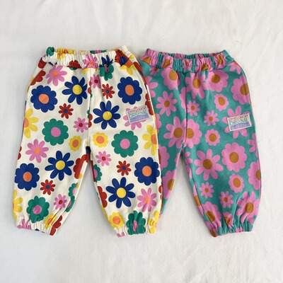 日单尾货婴童80-160女童纯棉长裤花花裤子春秋新款休闲毛圈卫衣裤
