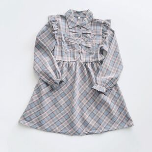 日单西松屋童装130女孩中小童秋季长袖衬衫裙蝴蝶结甜美淑女套头