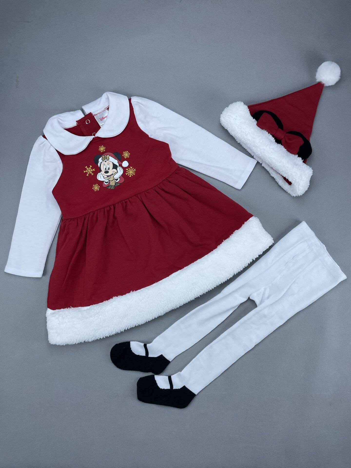 外贸女童红色圣诞套装三件套长袖连衣裙打底裤袜子演出服80cm