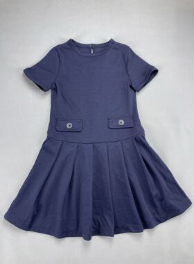 原单女童夏季藏青色连衣裙134-146cm短袖口袋装饰百褶裙摆尾货