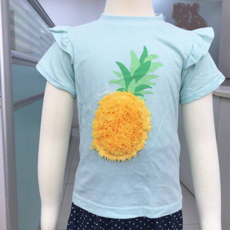 26夏日系菠萝雪纺绣现货可爱C棉圆领飞袖夏季童装短袖
