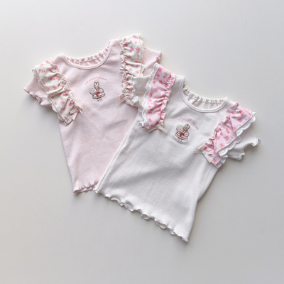 日系童装90-140女孩夏季纯棉短袖T恤上衣蕾丝刺绣木耳边ins同款