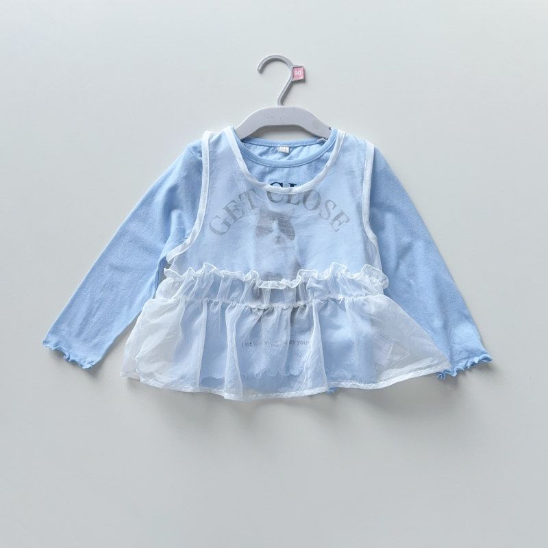 日单尾货110-130女童长袖木耳边T恤上衣网纱背心2件套纯棉短款