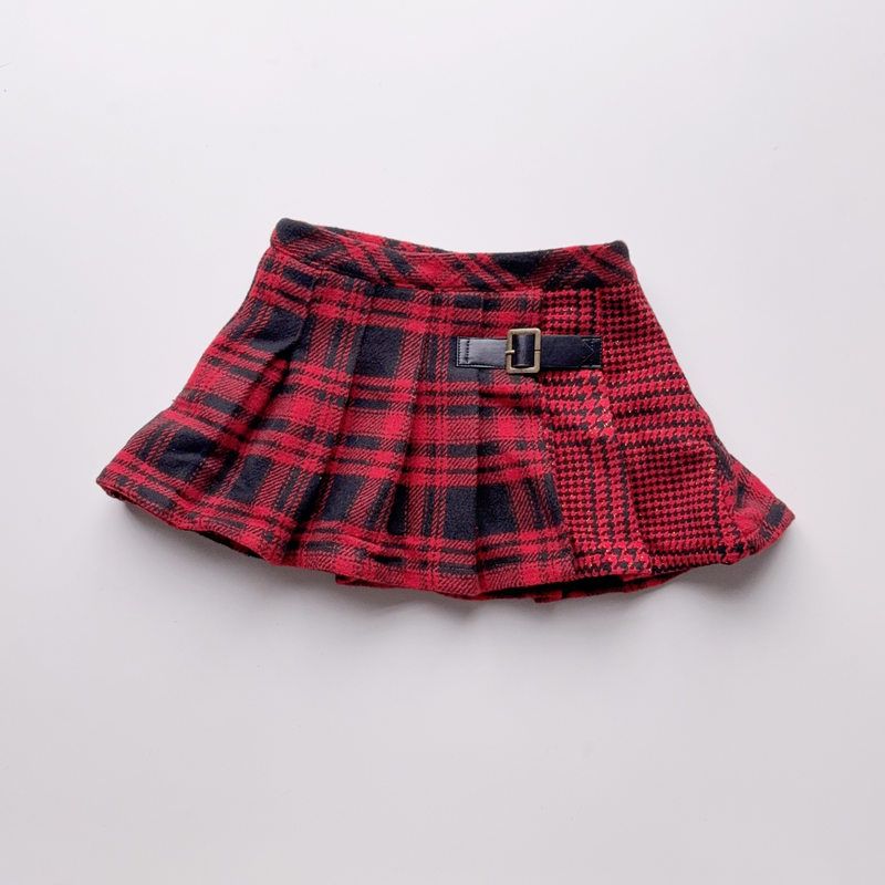 TU童装尾货3-14岁女孩春秋毛呢半身短裙英伦风学生百褶格子裙