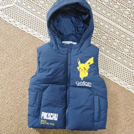 外贸秋冬季3-7岁儿童马甲男女宝宝皮卡丘卡通连帽无袖外套夹棉
