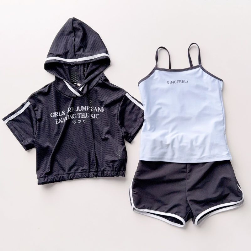 日新新款130-160女童夏季泳衣沙滩裤套头连帽外套3件套装海边涉水