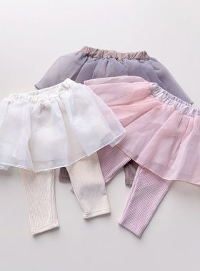 新款80-100女宝婴童秋季裙裤网纱甜美裤子假两件faire la bise