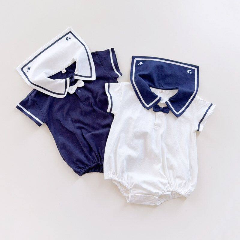 特价日系童装80 90婴儿男女宝纯棉短袖三角哈衣包屁海军领夏季