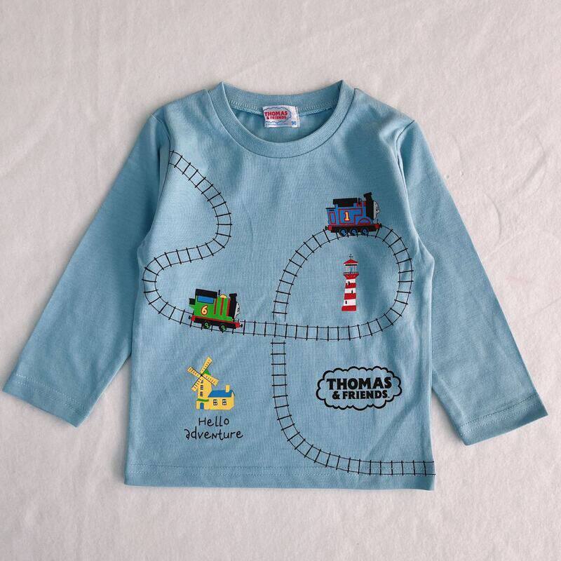 外贸原单童装男童圆领T恤日单尾货长袖休闲纯棉火车图案上衣蓝色
