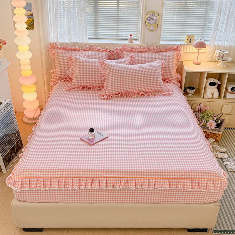 床笠花边四季款纯棉格子条纹