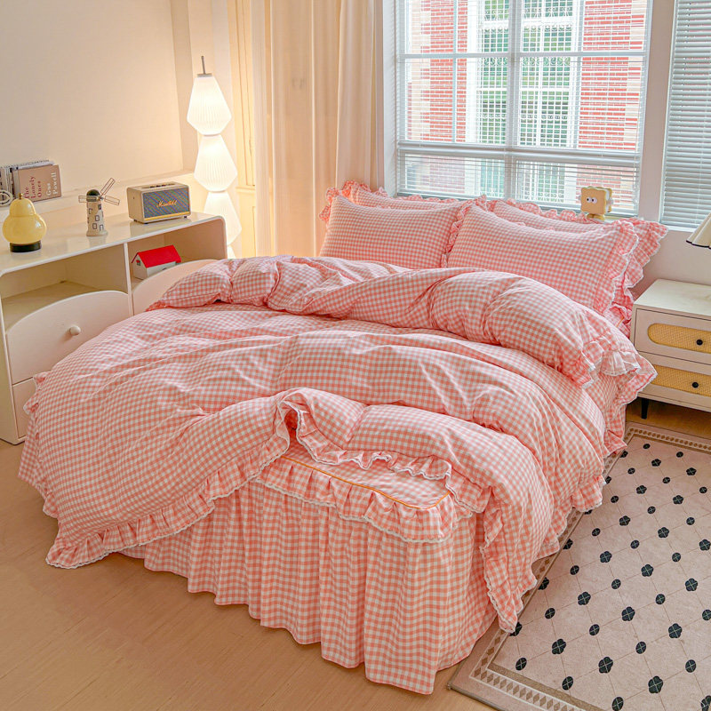 A类简约全棉格子床裙四件套水洗棉荷叶边被套防滑床罩床垫保护套,床上用品,床裙,淘宝优惠券,粉丝福利购,淘宝优惠卷