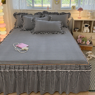 简约格子风全棉花边床裙单件床笠罩床盖床围双人三件套床垫保护套