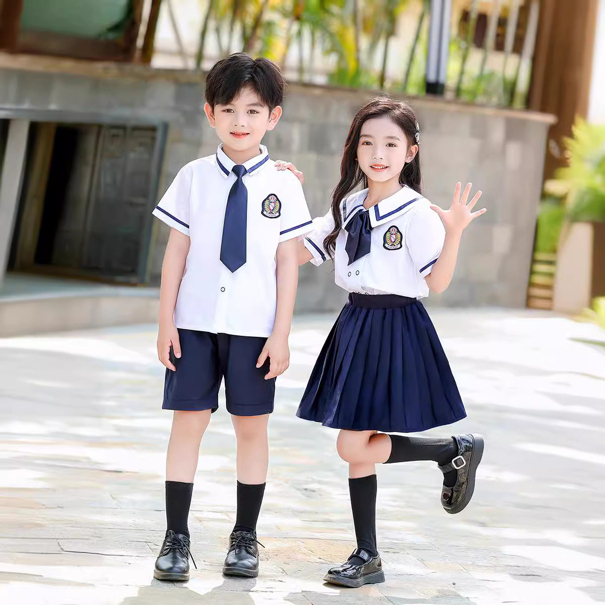 校服小学生夏季套装幼儿园服大班班服六一演出服白色短袖衬衫套装