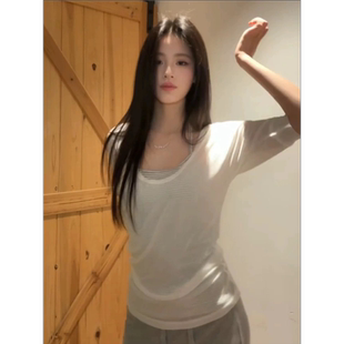 韩系复古白色微透中袖防晒罩衫女夏季新款宽松打底背心休闲两件套