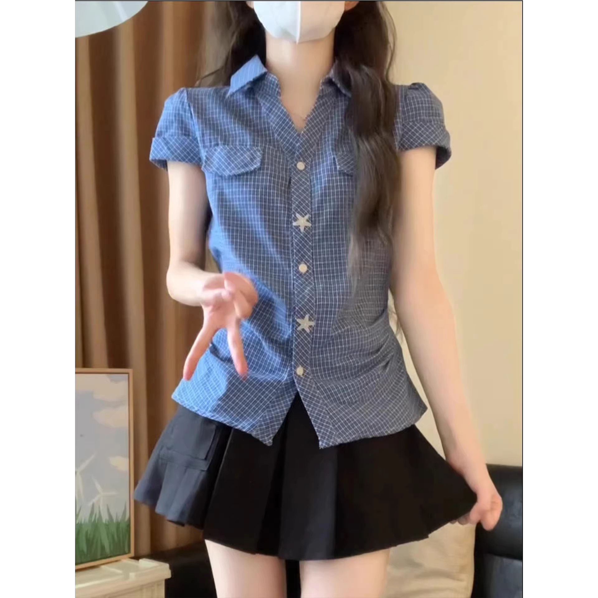夏季新款修身显瘦Polo领学院正肩辣妹上衣女装复古格子短袖衬衫潮