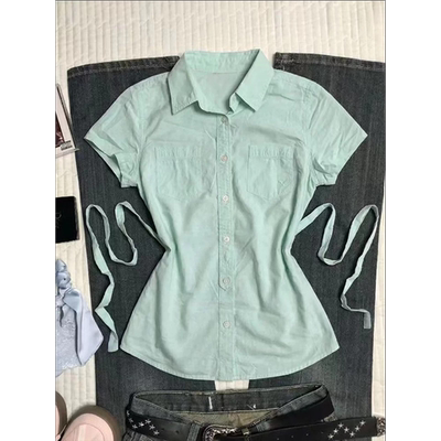 夏季学院风绿色POLO领修身衬衫