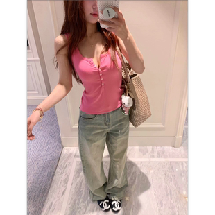 bm美式辣妹风六粒扣玫红色吊带背心女夏季新款修身显瘦短款上衣