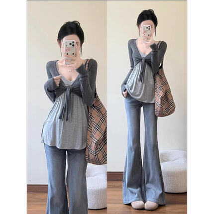 法式V领春夏季新款女今年流行短款灰色修身超火减龄上衣女两件套