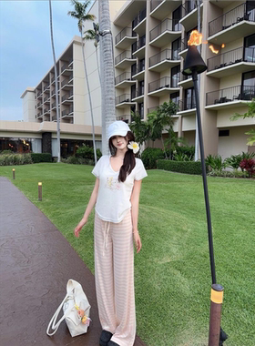 美式甜妹粉白条纹系带直筒裤