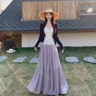 雨雾紫藤蕾丝半身裙女2025春夏季新款高腰显瘦中长款a字大摆伞裙