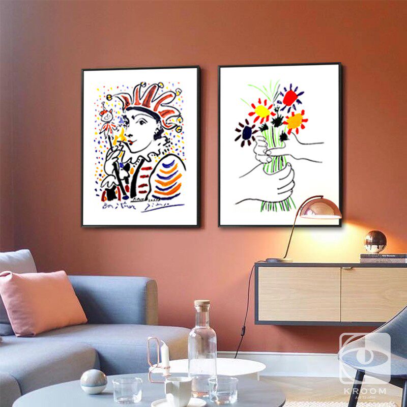 毕加索 狂欢节手执鲜花 北欧小清新抽象画装饰画挂画床头艺术软装