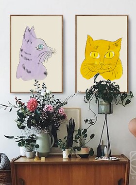 安迪沃霍尔Andy Warhol 紫黄猫咪北欧装饰画萌宠挂画儿童房间壁画