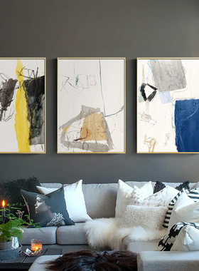 后现代北欧简约手绘抽象酒店装饰画样板间客厅背景墙三联组合挂画