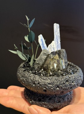 天然蓝晶石黑碧玺黄水晶盆栽永生绿植桌面摆设招财场礼物