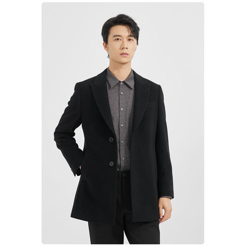 24DYR9321S利家冬季时尚商务通勤保暖戗驳领修身中长款呢子大衣男