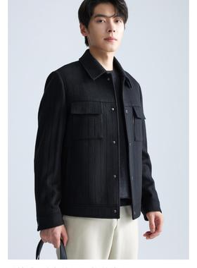 利家男装冬款羊毛夹克男士翻领服工装短款条纹毛呢大衣A4DYR0031Y