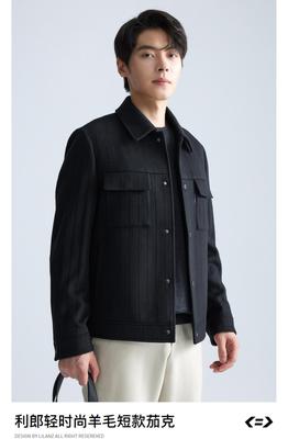 利家男装冬款羊毛夹克男士翻领服工装短款条纹毛呢大衣A4DYR0031Y