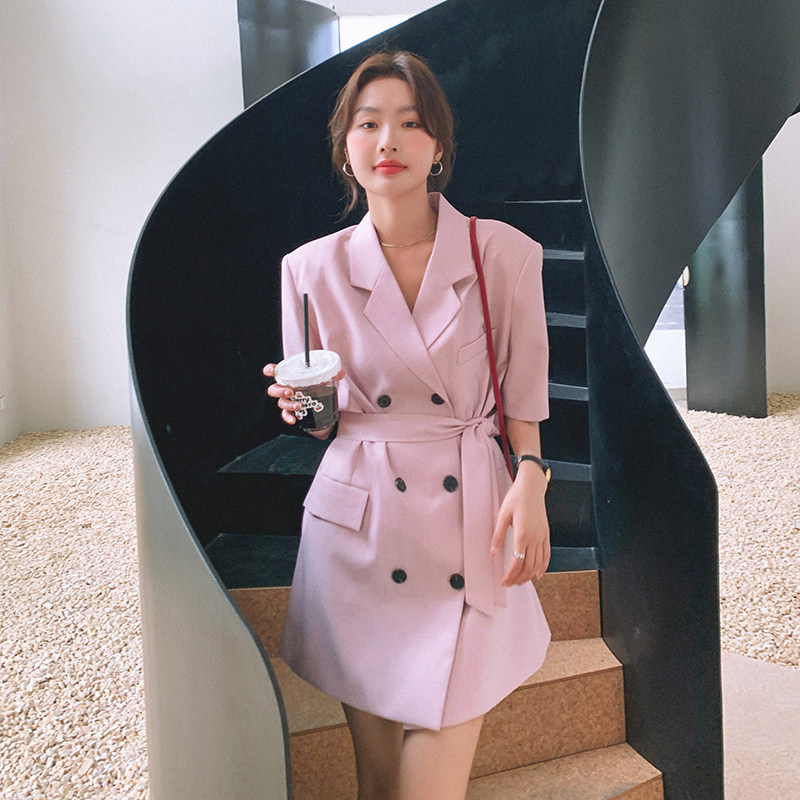 韩版粉色西装连衣裙女春夏2025年新款气质小众高级感设计收腰裙子,女装连衣裙,浙宝289