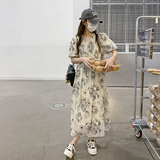 新中式复古爆款水墨画V领碎花连衣裙女2024夏季新款收腰显瘦长裙，女装连衣裙，浙宝289