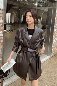 美拉德咖色皮衣外套女春秋2025年新款高级感复古气质中长pu皮西装图片