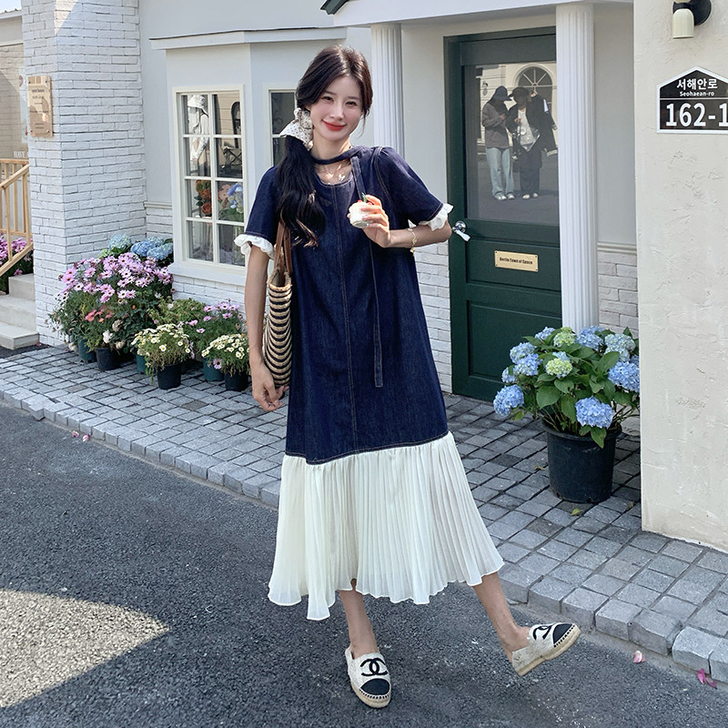 牛仔拼接连衣裙女2025夏季新款法式高级感气质独特超好看鱼尾长裙,女装连衣裙,浙宝289