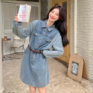 条纹拼接长袖牛仔连衣裙女2025春季新款法式设计感小众显瘦衬衫裙图片