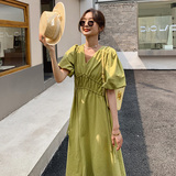 茶歇法式薄荷绿色v领泡泡袖连衣裙女夏2025新款宽松休闲小众长裙，女装连衣裙，浙宝289