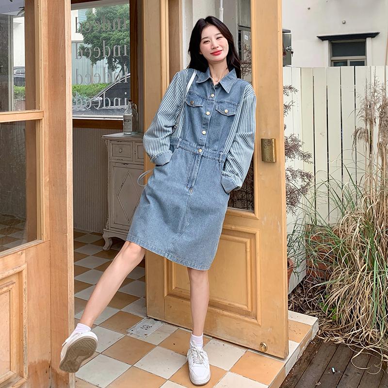 超火miu系条纹拼接牛仔连衣裙女春秋2025新款韩系chic高级感短裙,女装连衣裙,浙宝289