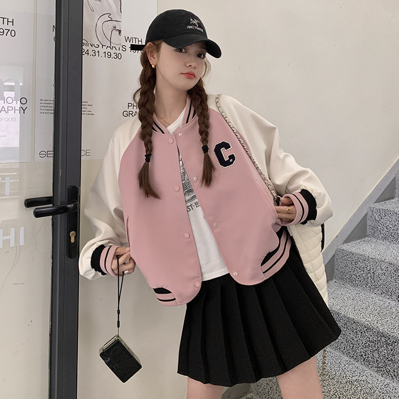 粉色棒球服外套女2024秋冬新款高级感学院风小个子撞色学生夹克潮图片