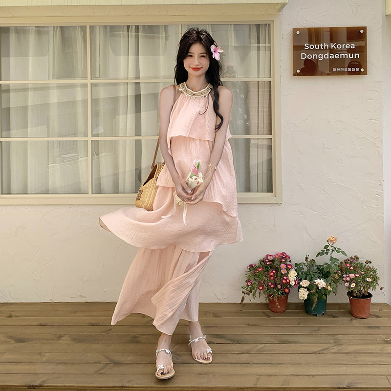 多巴胺粉色无袖挂脖连衣裙女夏2025慵懒松弛绝美度假蛋糕长裙及踝,女装连衣裙,浙宝289