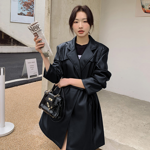美拉德咖色皮衣外套女春秋2025年新款高级感复古气质中长pu皮西装图片